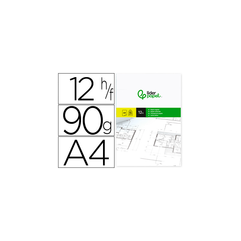 Papel vegetal liderpapel a4 90gr 210x297mm sobre de 12 hojas