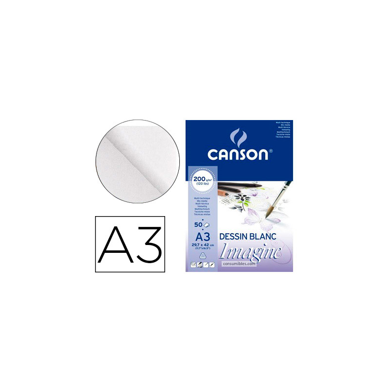 Bloc dibujo multitecnicas canson imagine din a3 encolado liso 29,7x42 cm 50 hojas 200 gr/m2