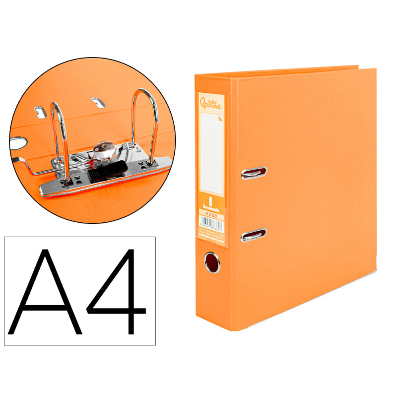 Archivador de palanca liderpapel a4 documenta forrado pvc con rado lomo 75mmnaranja compresor metalico