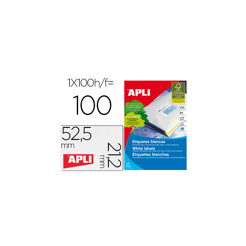 Etiqueta adhesiva apli 1284 tamaño 52,5 x 21,2 mm para fotocopiadora laser ink-jet caja con 100 hojas din a4