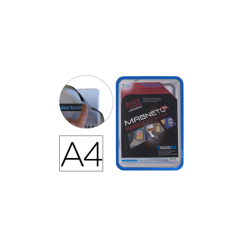 Marco porta anuncios djois magneto din a4 con 4 bandas magneticas en el dorso color azul pack de 2 unidades