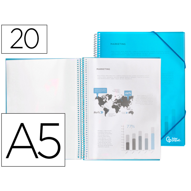 Carpeta liderpapel escaparate con espiral 20 fundas polipropileno din a5 azul