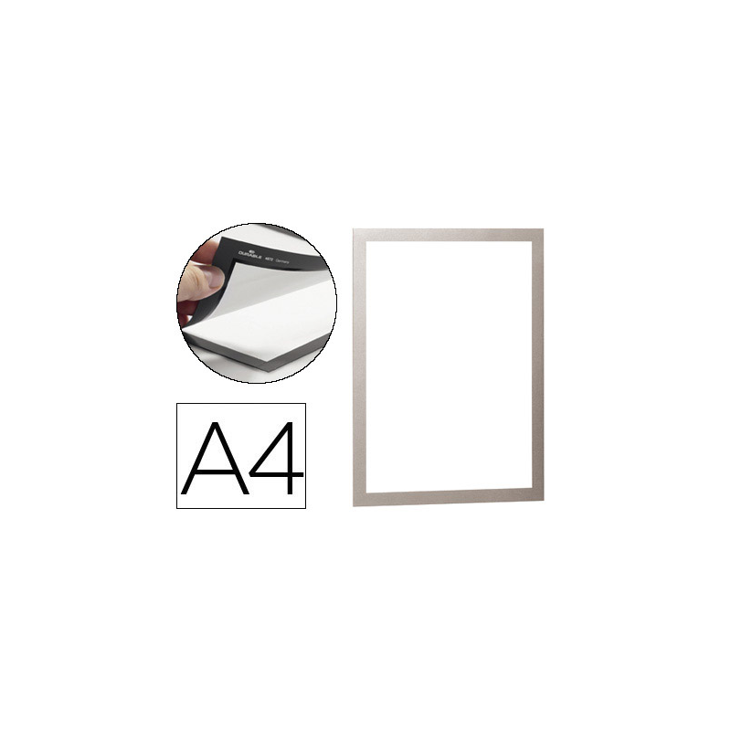 Marco porta anuncios durable magnetico din a4 dorso adhesivo removible color plata pack de 2 unidades