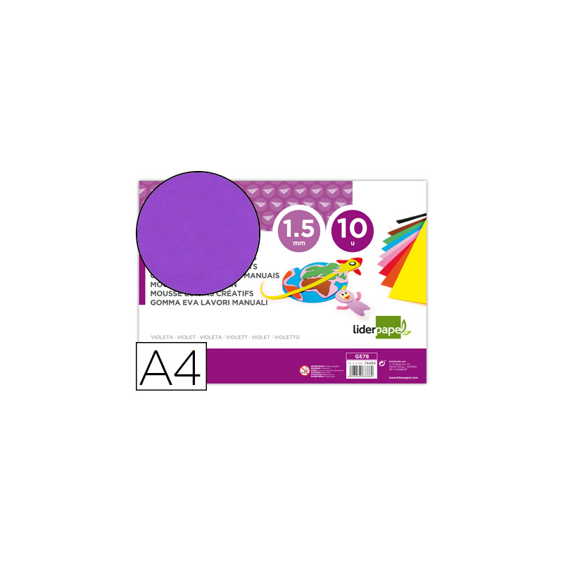 Goma eva liderpapel din a4 60g/m2 espesor 1,5mm violeta paquete de 10 hojas