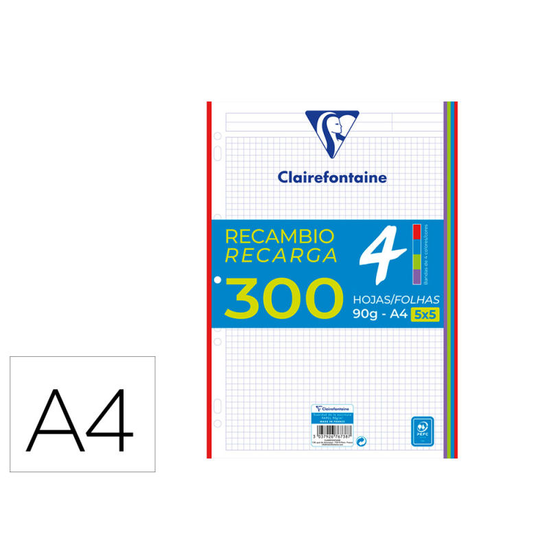 Recambio clairefontaine din a4 300 hojas 90 gr cuadro 5 mm con bandas de 5 colores vivos