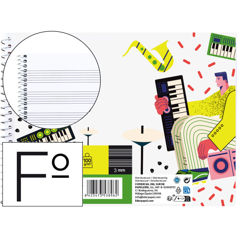 Bloc musica liderpapel pentagrama 3mm folio apaisado 20 hojas 100g/m2