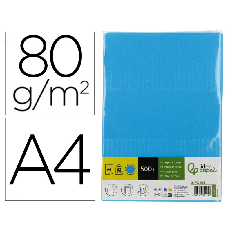Papel color liderpapel din a4 80 gr azul intenso paquete de 500 hojas