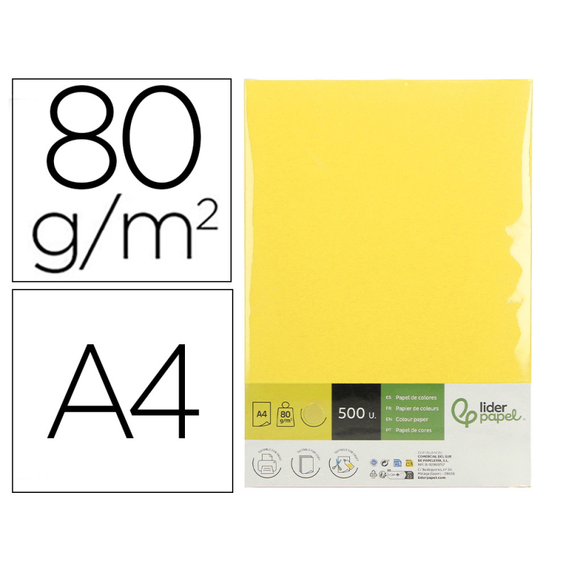 Papel color liderpapel din a4 80 gr amarillo paquete de 500 hojas