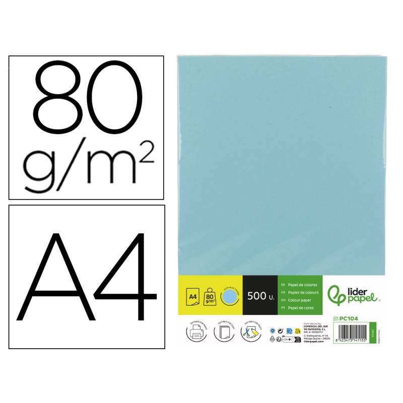 Papel color liderpapel din a4 80 gr celeste paquete de 500 hojas