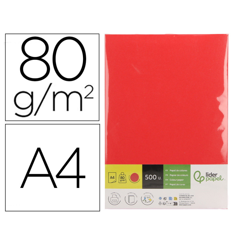 Papel color liderpapel din a4 80 gr rojo intenso paquete de 500 hojas