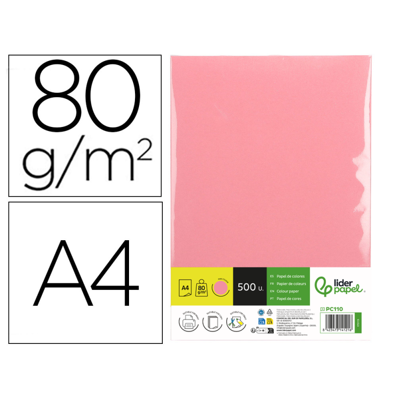 Papel color liderpapel din a4 80 gr rosa paquete de 500 hojas
