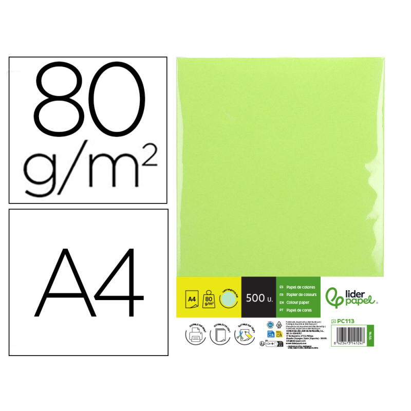 Papel color liderpapel din a4 80 gr verde paquete de 500 hojas