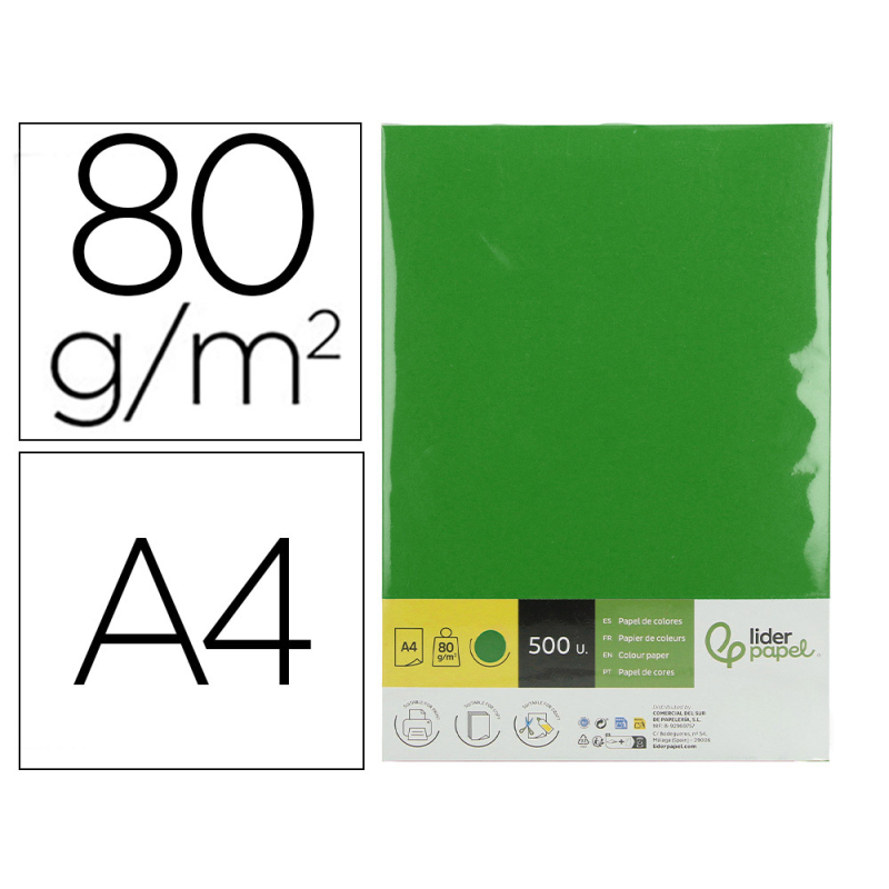 Papel color liderpapel din a4 80 gr verde intenso paquete de 500 hojas