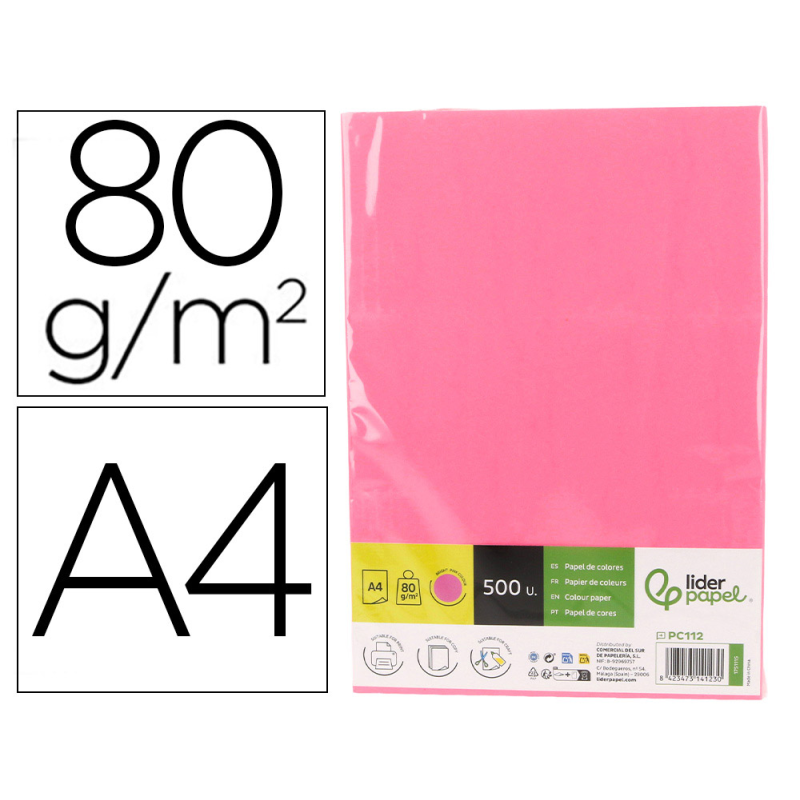 Papel color liderpapel din a4 80 gr rosa neon paquete de 500 hojas
