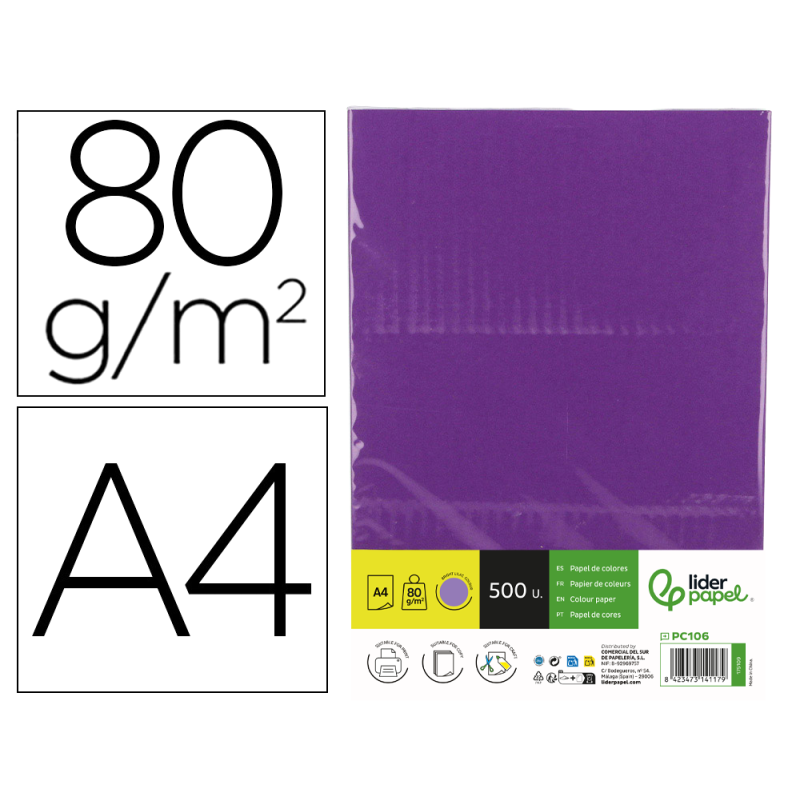Papel color liderpapel din a4 80 gr lila intenso paquete de 500 hojas