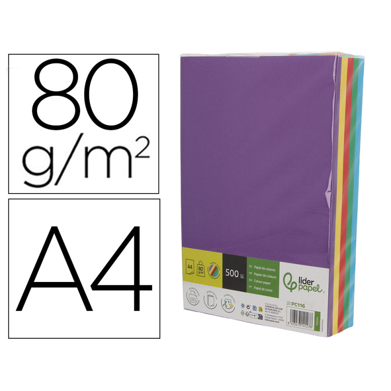 Papel color liderpapel din a4 80 gr 5 colores surtidos intensos paquete de 500 hojas