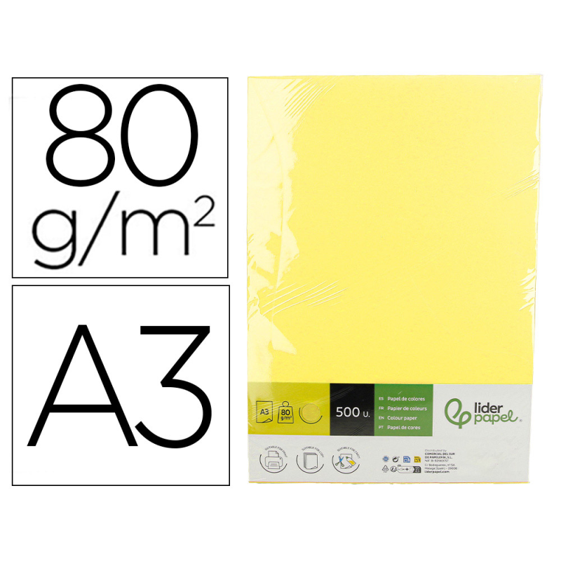 Papel color liderpapel din a3 80 gr amarillo paquete de 500 hojas