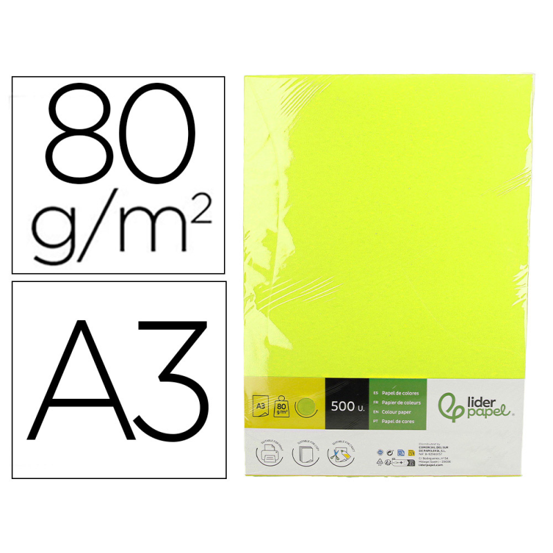 Papel color liderpapel din a3 80 gr amarillo neon paquete de 500 hojas