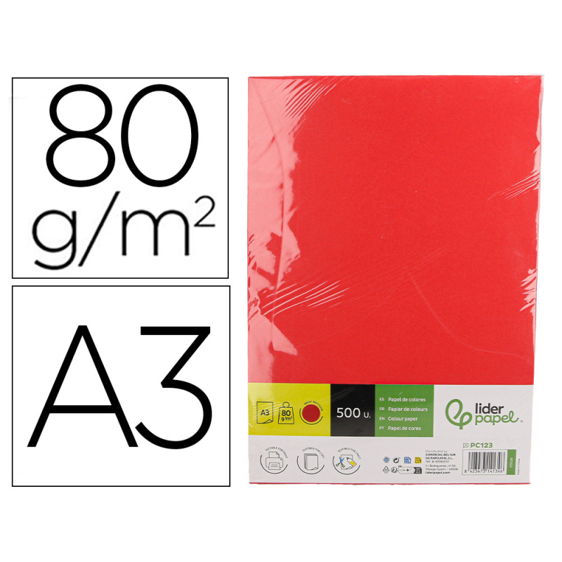 Papel color liderpapel din a3 80 gr rojo intenso paquete de 500 hojas