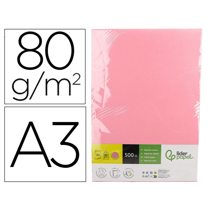 Papel color liderpapel din a3 80 gr rosa paquete de 500 hojas
