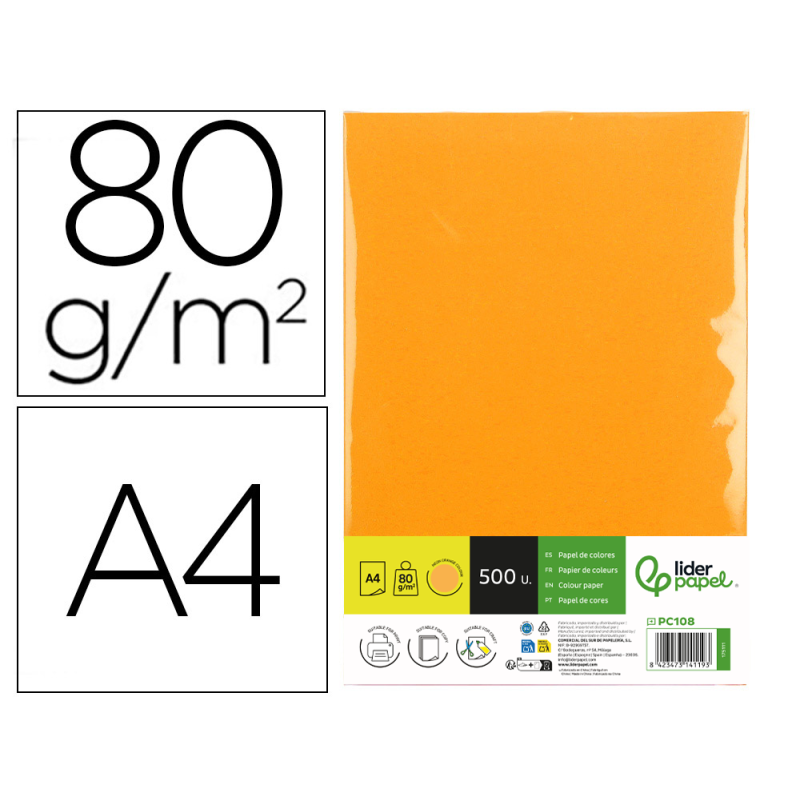 Papel color liderpapel din a4 80 gr naranja neon paquete de 500 hojas