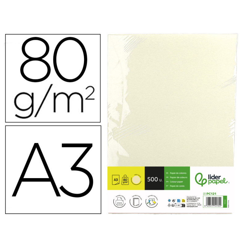 Papel color liderpapel din a3 80 gr crema paquete de 500 hojas