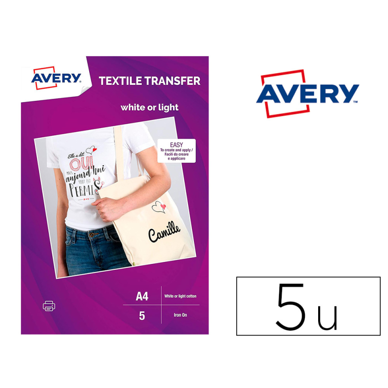 Papel transfer avery algodon claros ink-jet din a4 pack de 5 hojas