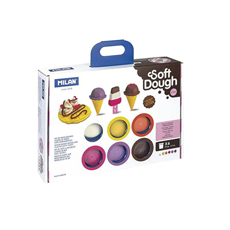 Pasta milan para modelar soft dough con herramientas helados y gofres maletin con 6 botes colores surtidos de