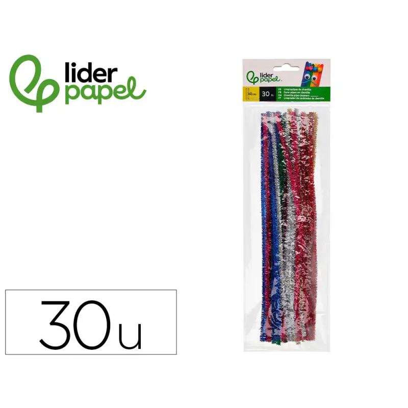 Limpiapipas de chenilla liderpapel 30 cm colores brillantes surtidos bolsa de 30 unidades