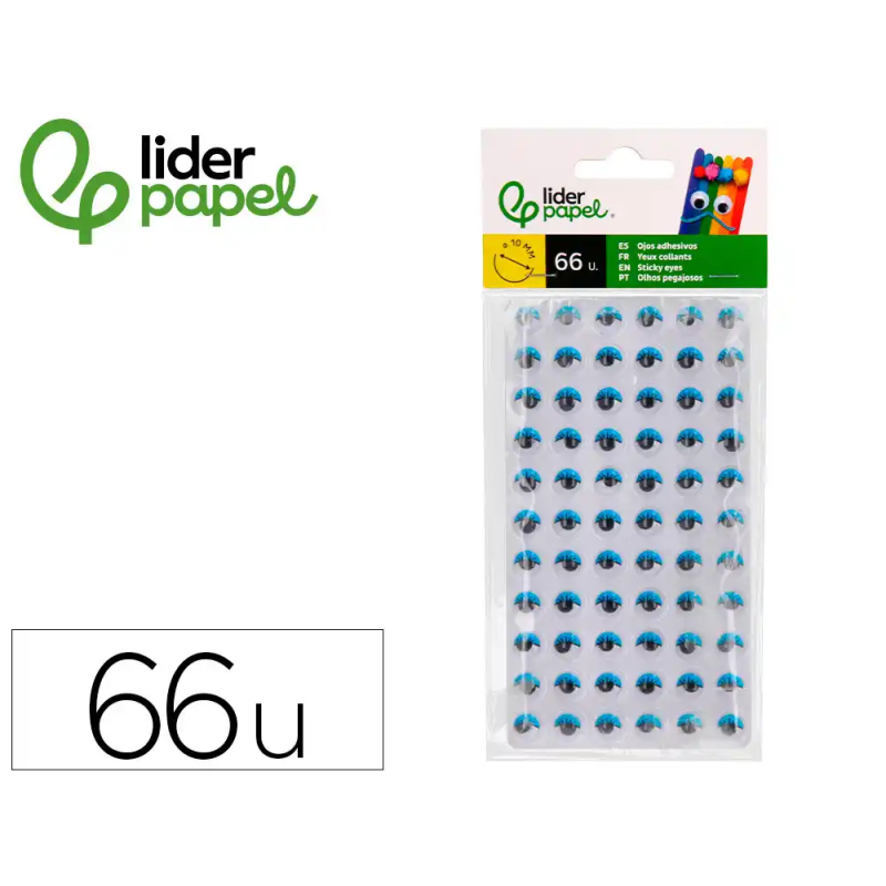 Ojo adhesivo liderpapel 10 mm con pupila negra y pestaña de color azul pack de 66 unidades