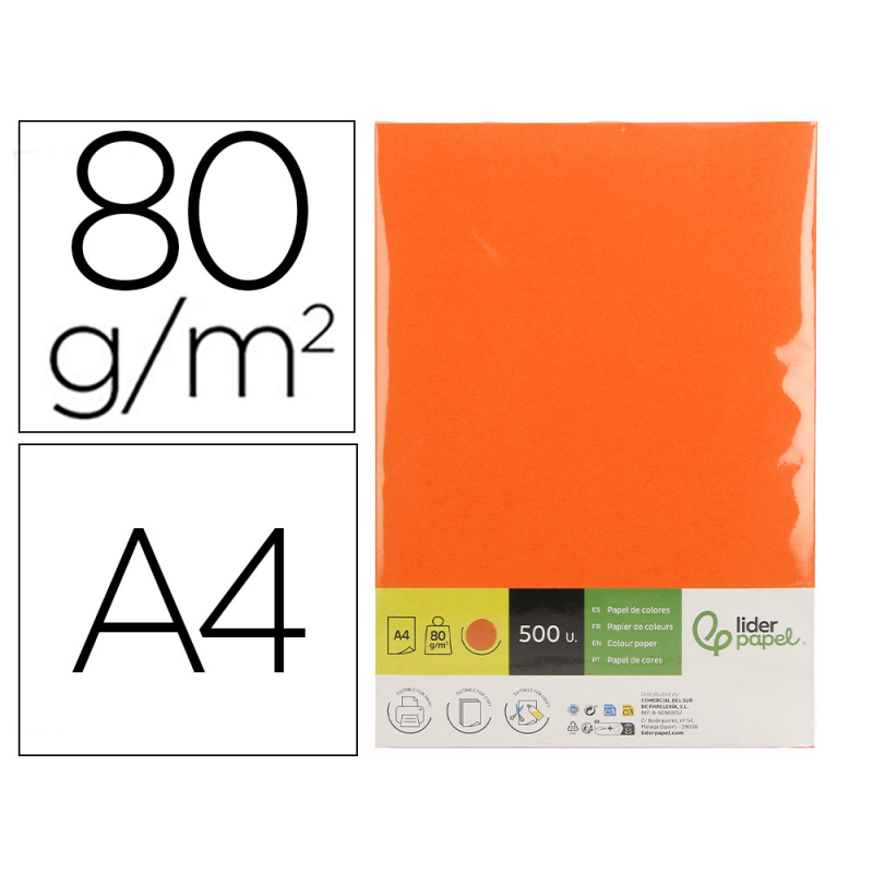 Papel color liderpapel din a4 80 gr naranja intenso paquete de 500 hojas