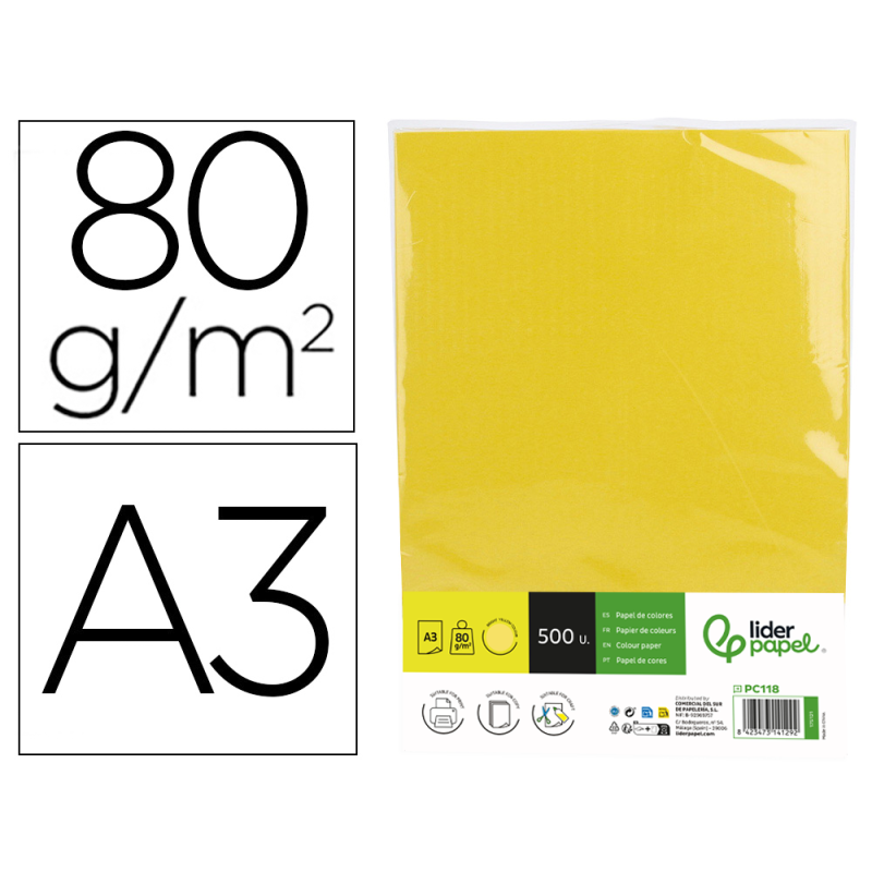 Papel color liderpapel din a3 80 gr amarillo intenso paquete de 500 hojas