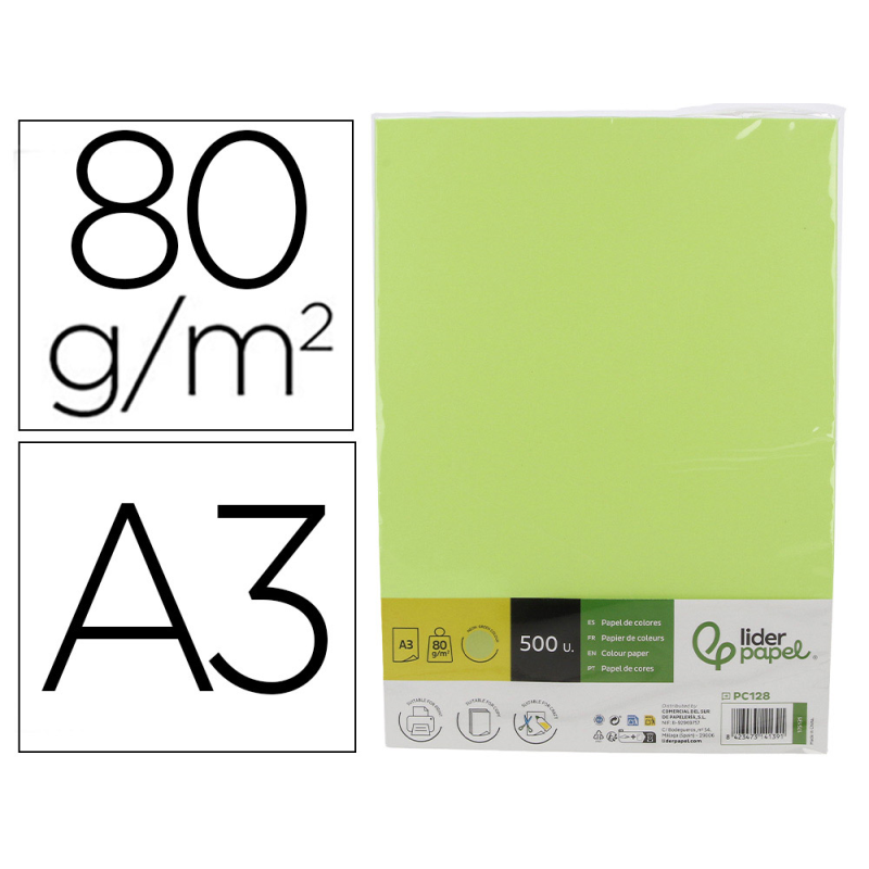 Papel color liderpapel din a3 80 gr verde neon paquete de 500 hojas