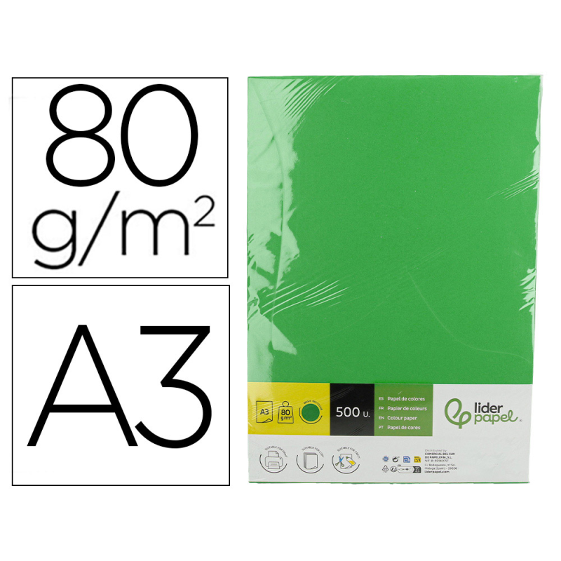Papel color liderpapel din a3 80 gr verde intenso paquete de 500 hojas