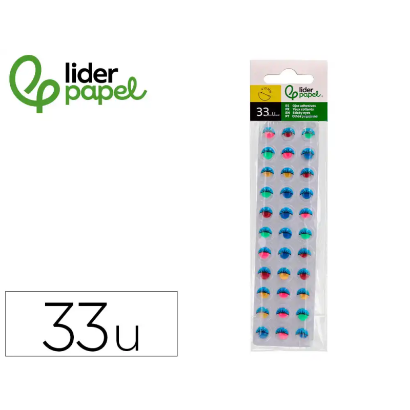 Ojo adhesivo liderpapel 10 mm con pupila de color y pestaña de color pack de 33 unidades