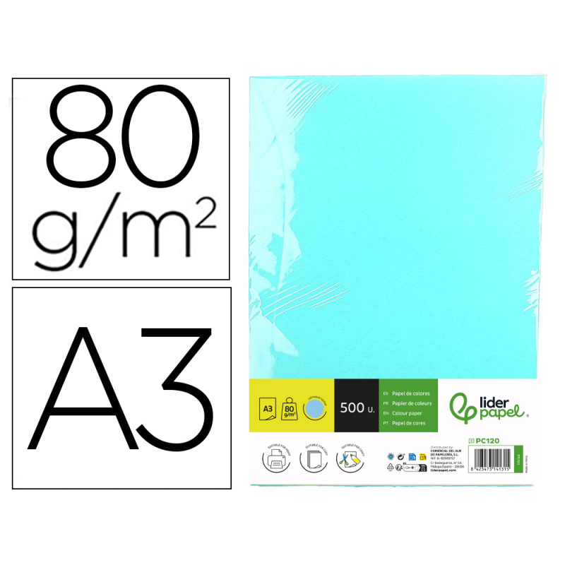 Papel color liderpapel din a3 80 gr celeste paquete de 500 hojas