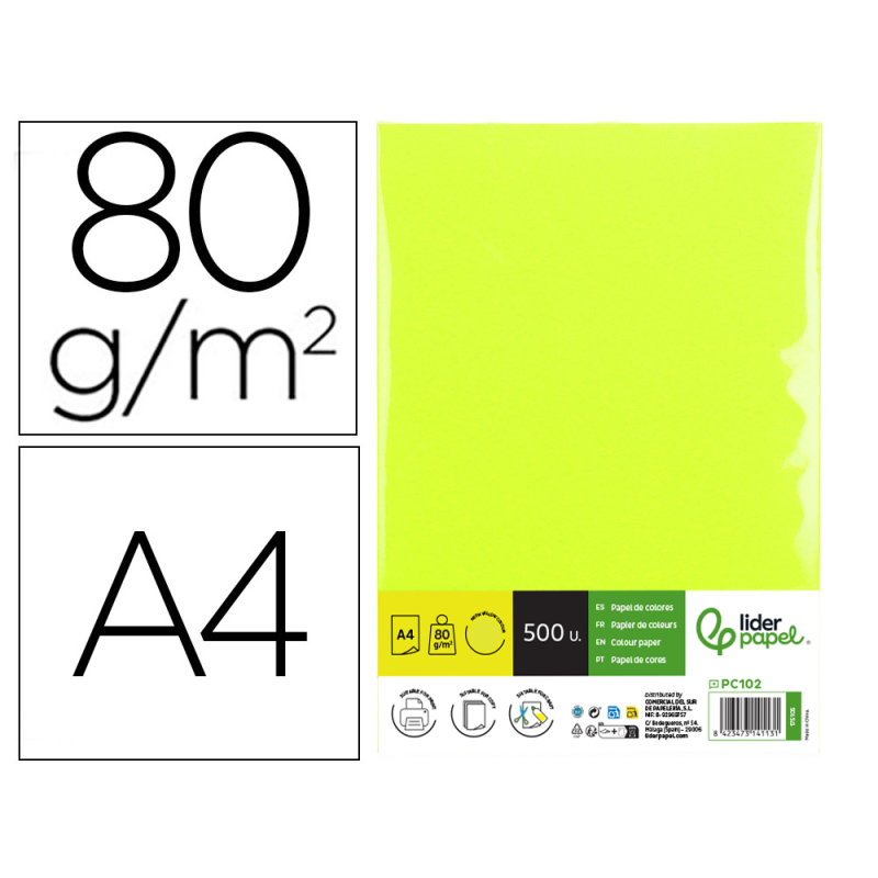 Papel color liderpapel din a4 80 gr amarillo neon paquete de 500 hojas