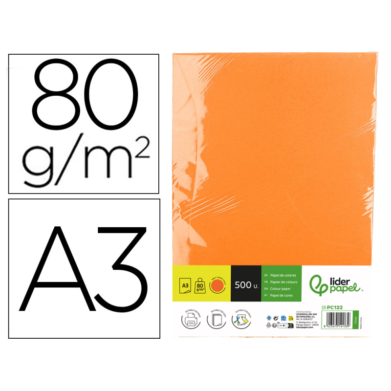 Papel color liderpapel din a3 80 gr naranja intenso paquete de 500 hojas