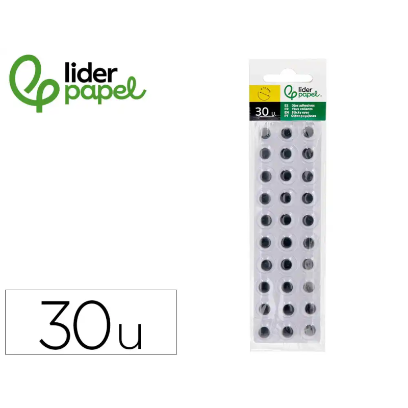 Ojo adhesivo liderpapel 12 mm blanco con pupila negra pack de 30 unidades