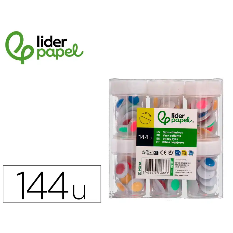 Ojo liderpapel 15 mm blanco con pupila de colores surtidos pack de 144 unidades