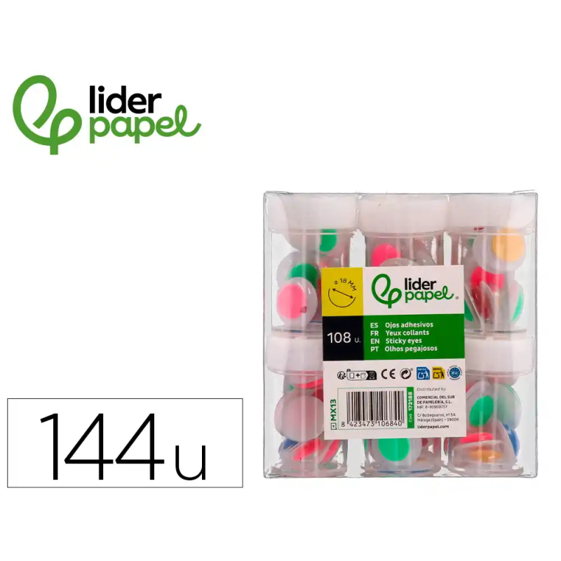 Ojo liderpapel 18 mm blanco con pupila de colores surtidos pack de 108 unidades