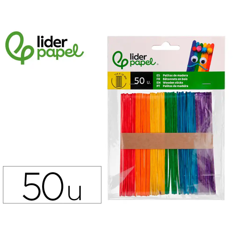 Palitos de madera liderpapel colores surtidos 11,4x1 cm bolsa con 50 unidades