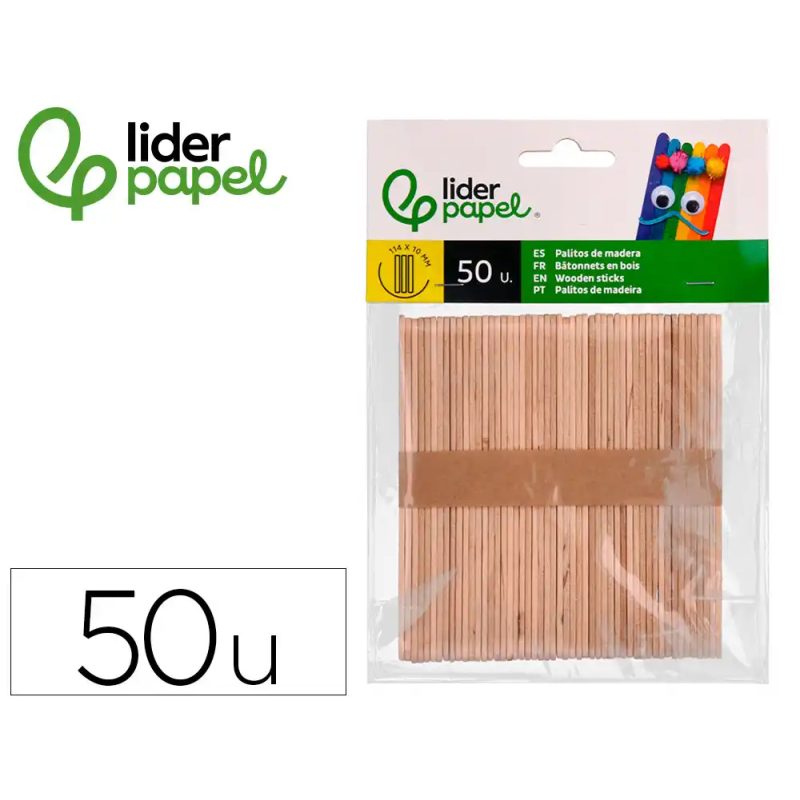 Palitos de madera liderpapel color natural 11,4 x 1 cm bolsa con 50 unidades