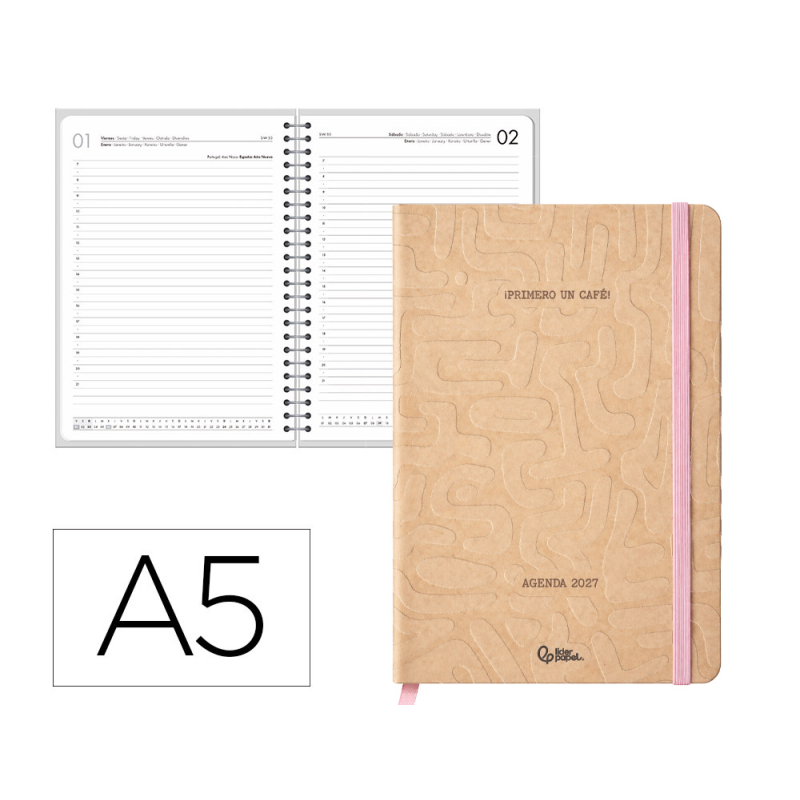 Agenda oficina liderpapel 2027 encuadernada coffe dia pagina a5 bilingue 70g papel fsc design 2