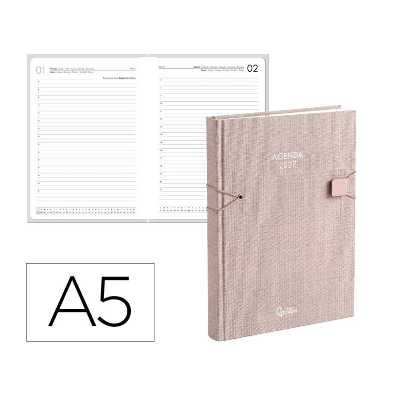 Agenda oficina liderpapel 2027 encuadernada elastic closure dia pagina a5 bilingue 70g papel fsc design