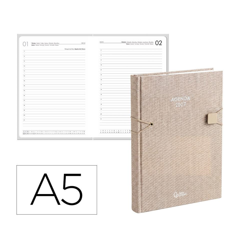 Agenda oficina liderpapel 2027 encuadernada elastic closure dia pagina a5 bilingue 70g papel fsc design