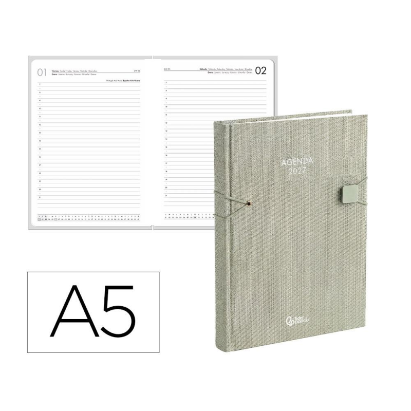 Agenda oficina liderpapel 2027 encuadernada elastic closure dia pagina a5 bilingue 70g papel fsc design