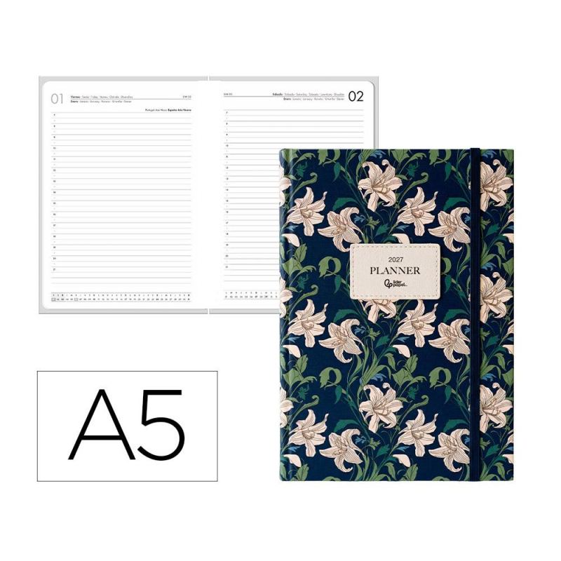 Agenda oficina liderpapel 2027 encuadernada fantasy elegant dia pagina a5 bilingue 70g papel fsc design