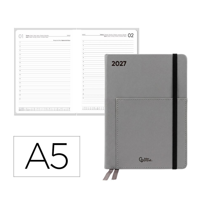 Agenda oficina liderpapel 2027 encuadernada elastic pocket collection dia pagina a5 bilingue 70g papel fsc
