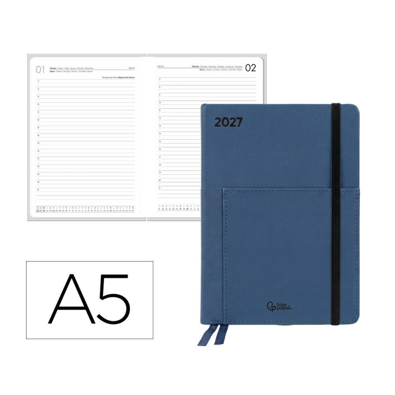 Agenda oficina liderpapel 2027 encuadernada elastic pocket collection dia pagina a5 bilingue 70g papel fsc